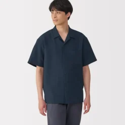 Men's Breathable Seersucker Open Collar Short Sleeve Shirt