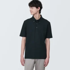Men's Cool Touch Pique Button Down Short Sleeve Polo Shirt