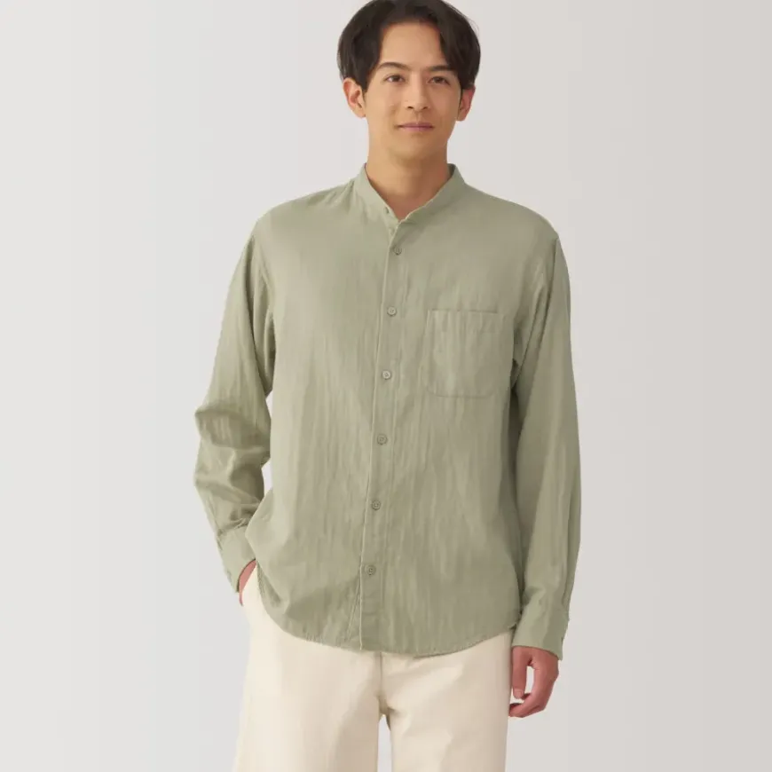 Men's Kapok Blend Double Gauze Stand Collar Long Sleeve Shirt