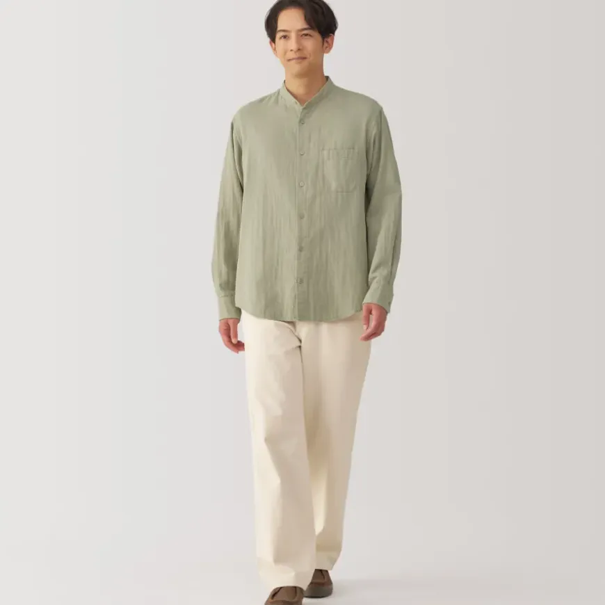 Men's Kapok Blend Double Gauze Stand Collar Long Sleeve Shirt
