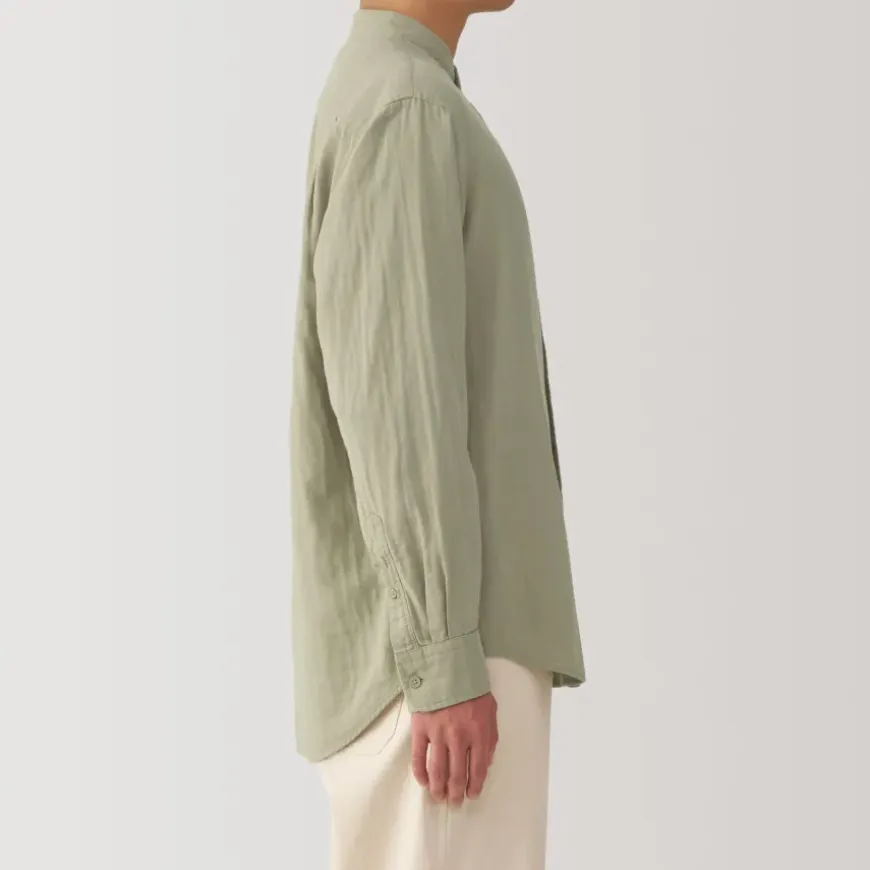 Men's Kapok Blend Double Gauze Stand Collar Long Sleeve Shirt