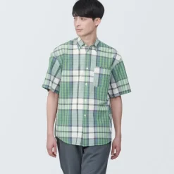 Men's Madras Check Button Down Short Sleeve Shirt