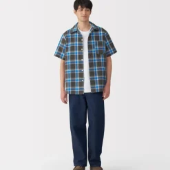 Men's Madras Check Open Collar Short Sleeve Shirt