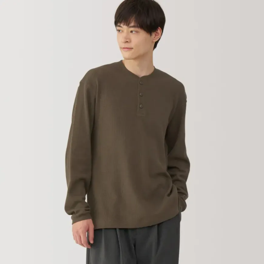 Men's Waffle Henley Neck Long Sleeve T-Shirt