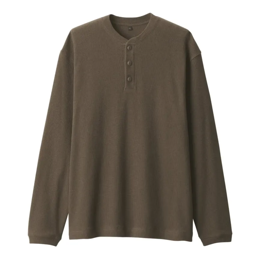 Men's Waffle Henley Neck Long Sleeve T-Shirt