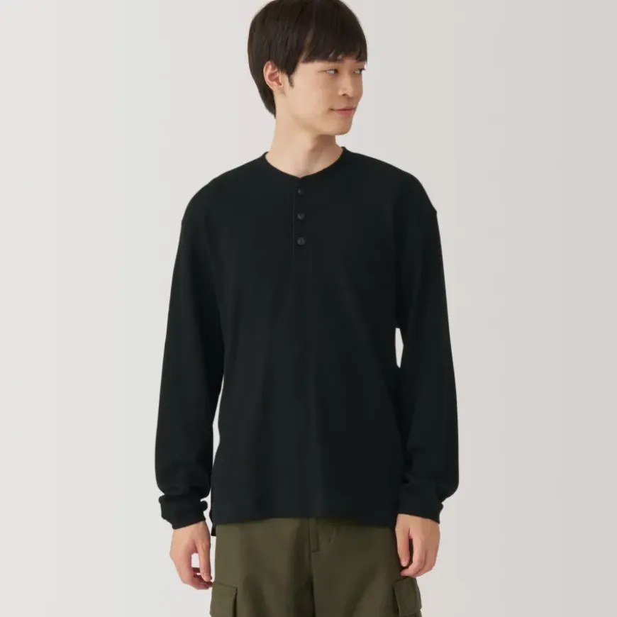 Men's Waffle Henley Neck Long Sleeve T-Shirt