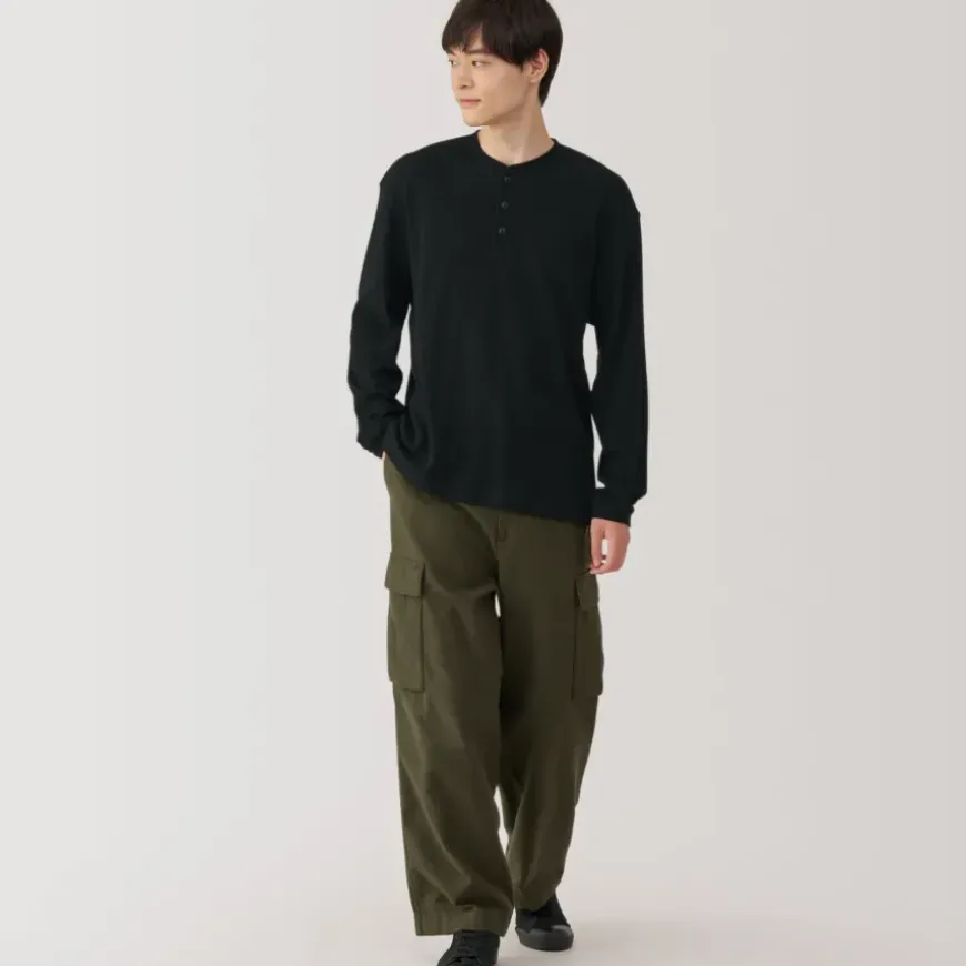 Men's Waffle Henley Neck Long Sleeve T-Shirt