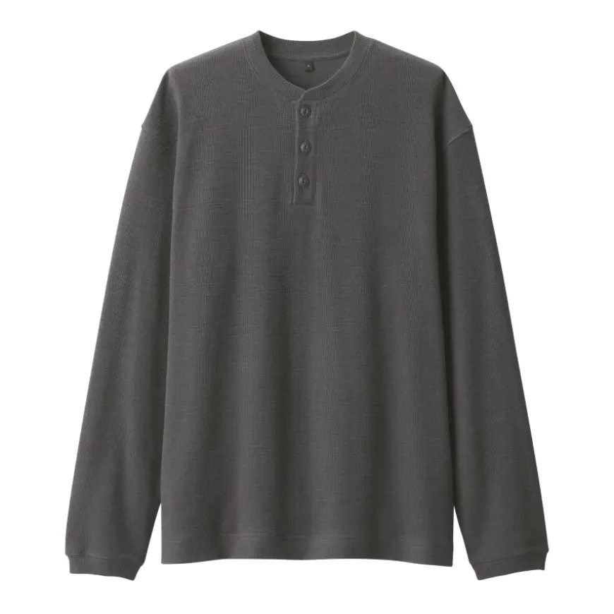 Men's Waffle Henley Neck Long Sleeve T-Shirt