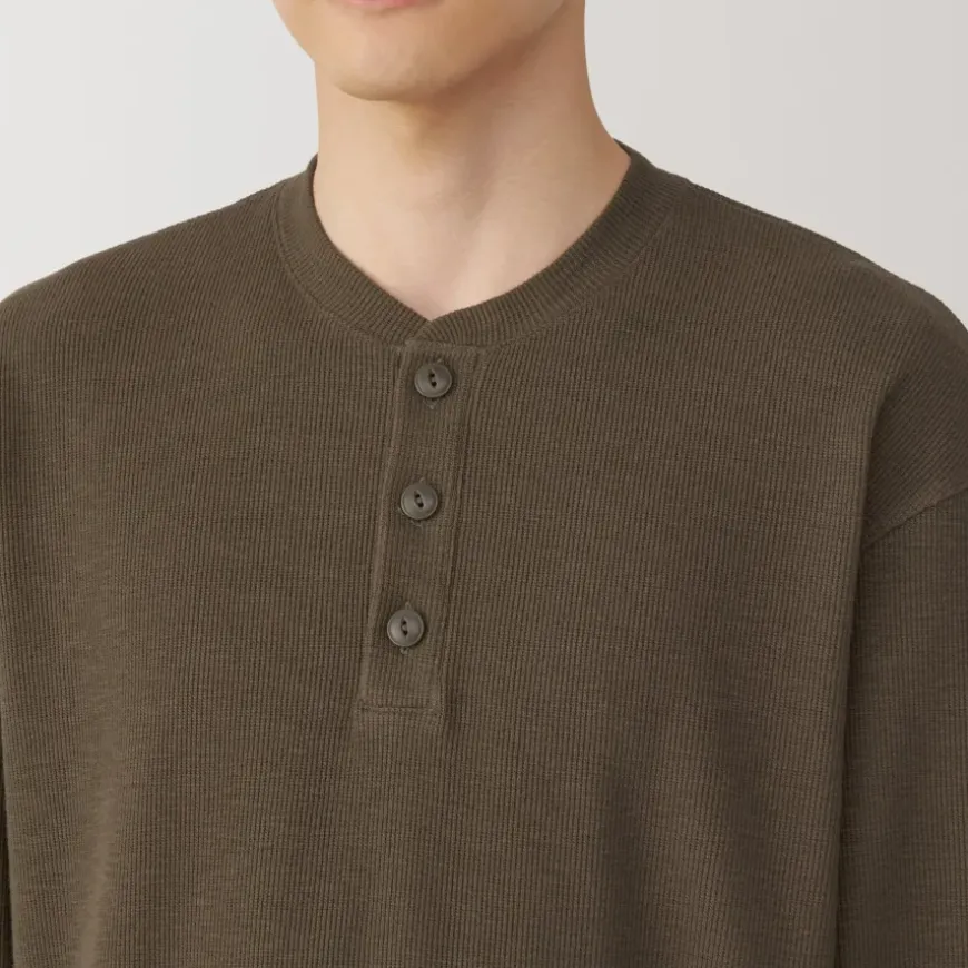 Men's Waffle Henley Neck Long Sleeve T-Shirt
