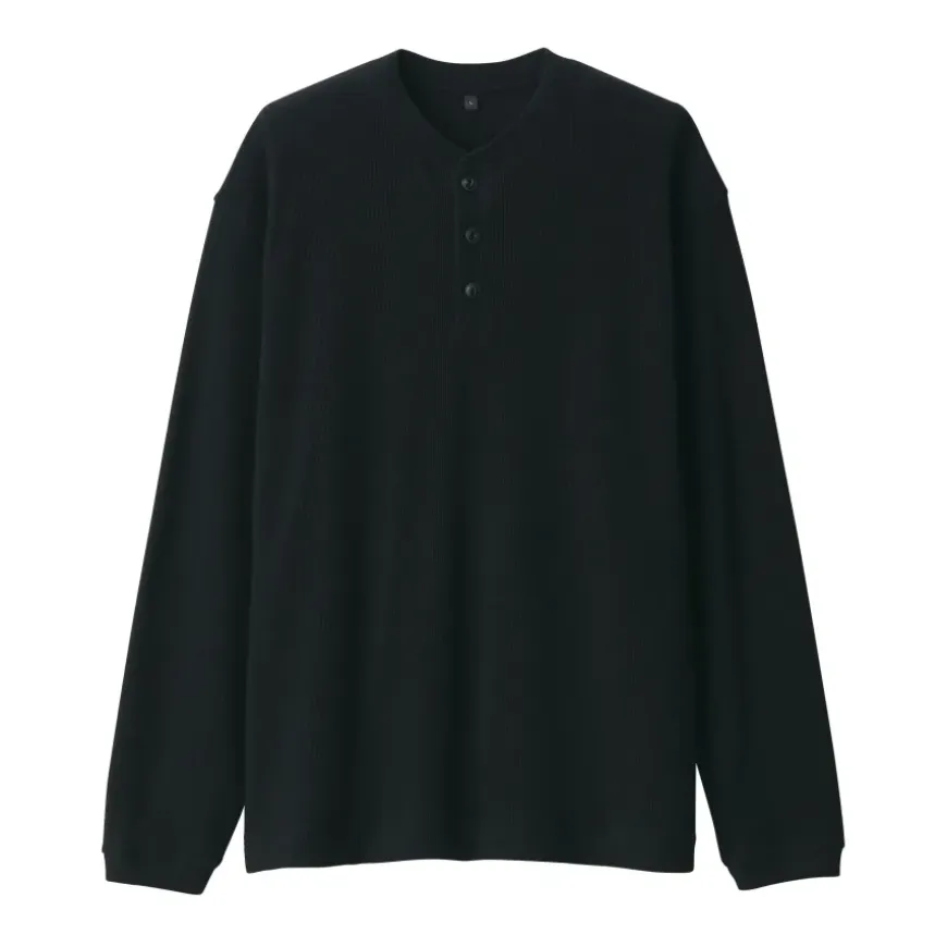 Men's Waffle Henley Neck Long Sleeve T-Shirt