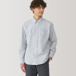 Men's Washed Oxford Button Down Long Sleeve Striped Shirt