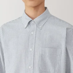 Men's Washed Oxford Button Down Long Sleeve Striped Shirt