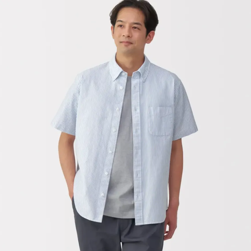 Men's Washed Oxford Button Down Short Sleeve Striped Shirt