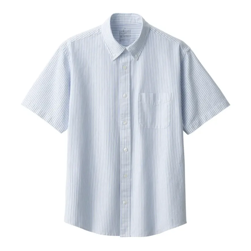 Men's Washed Oxford Button Down Short Sleeve Striped Shirt
