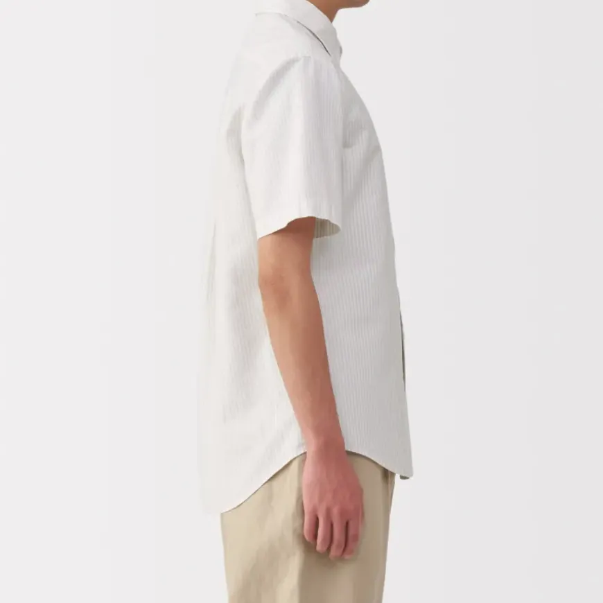 Men's Washed Oxford Button Down Short Sleeve Striped Shirt
