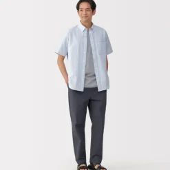 Men's Washed Oxford Button Down Short Sleeve Striped Shirt