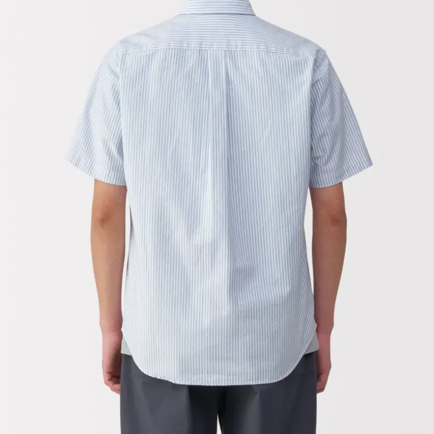 Men's Washed Oxford Button Down Short Sleeve Striped Shirt