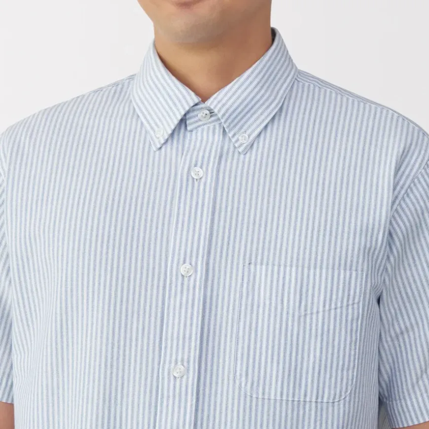 Men's Washed Oxford Button Down Short Sleeve Striped Shirt