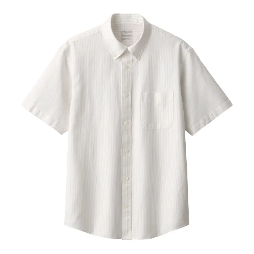 Men's Washed Oxford Button Down Short Sleeve Striped Shirt