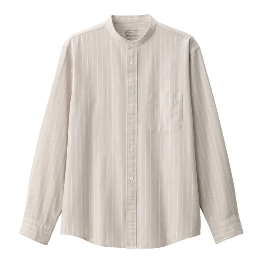 Men's Washed Oxford Stand Collar Long Sleeve Striped Shirt
