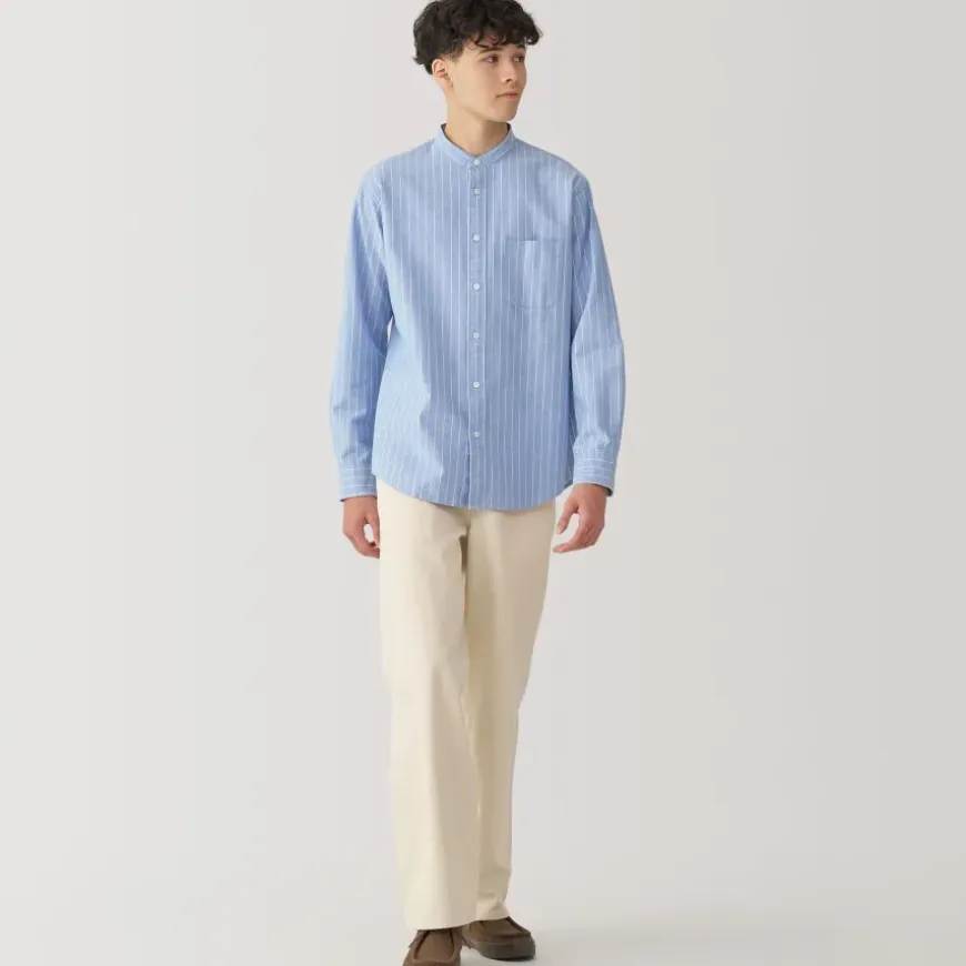 Men's Washed Oxford Stand Collar Long Sleeve Striped Shirt