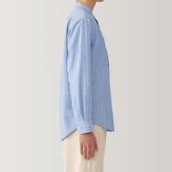 Men's Washed Oxford Stand Collar Long Sleeve Striped Shirt