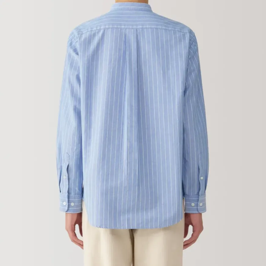 Men's Washed Oxford Stand Collar Long Sleeve Striped Shirt