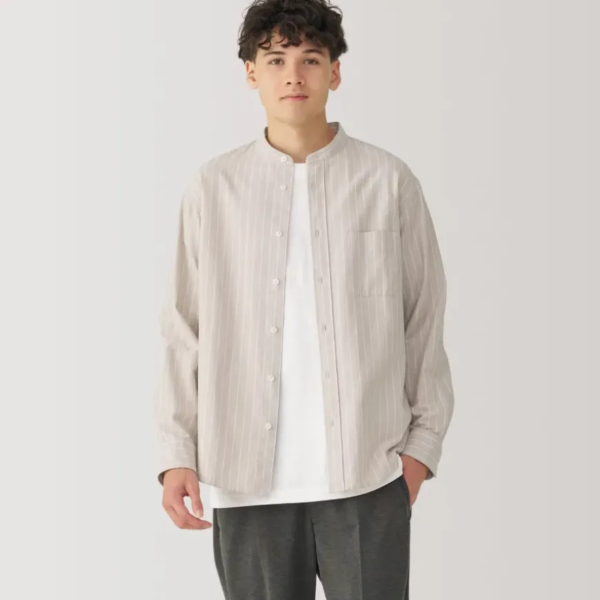 Men's Washed Oxford Stand Collar Long Sleeve Striped Shirt
