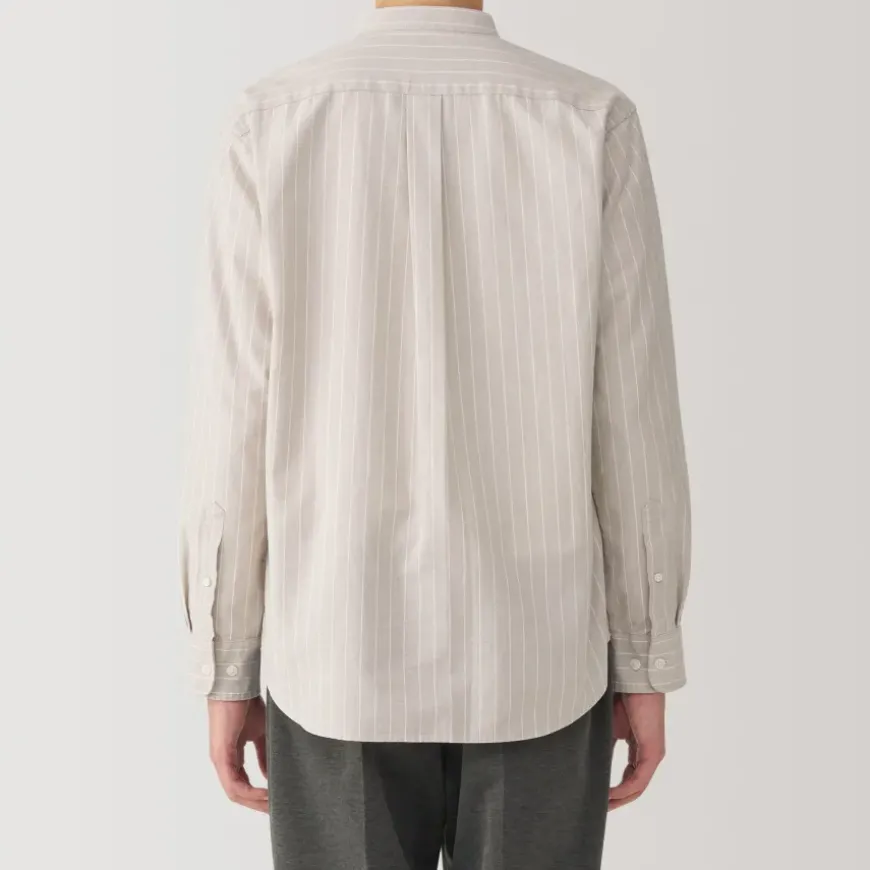 Men's Washed Oxford Stand Collar Long Sleeve Striped Shirt