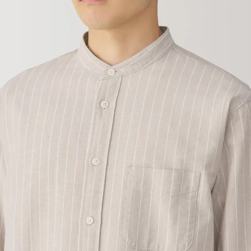 Men's Washed Oxford Stand Collar Long Sleeve Striped Shirt