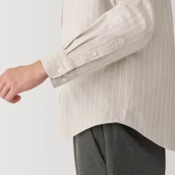 Men's Washed Oxford Stand Collar Long Sleeve Striped Shirt