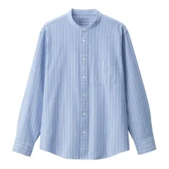 Men's Washed Oxford Stand Collar Long Sleeve Striped Shirt