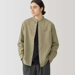 Men's Washed Oxford Stand Collar Long Sleeve Shirt