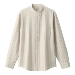 Men's Washed Oxford Stand Collar Long Sleeve Striped Shirt