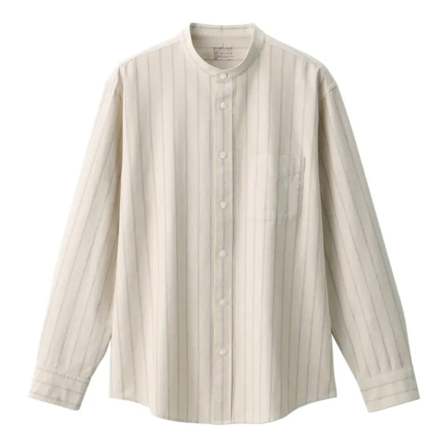 Men's Washed Oxford Stand Collar Long Sleeve Striped Shirt