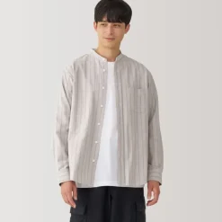 Men's Washed Oxford Stand Collar Long Sleeve Striped Shirt