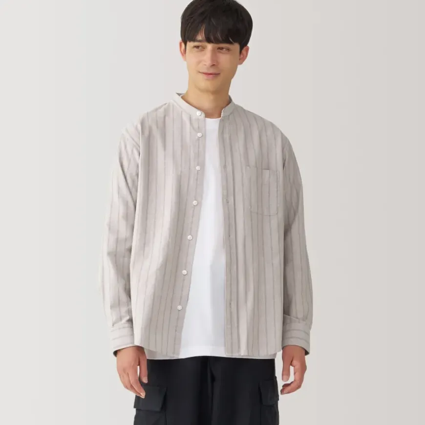 Men's Washed Oxford Stand Collar Long Sleeve Striped Shirt