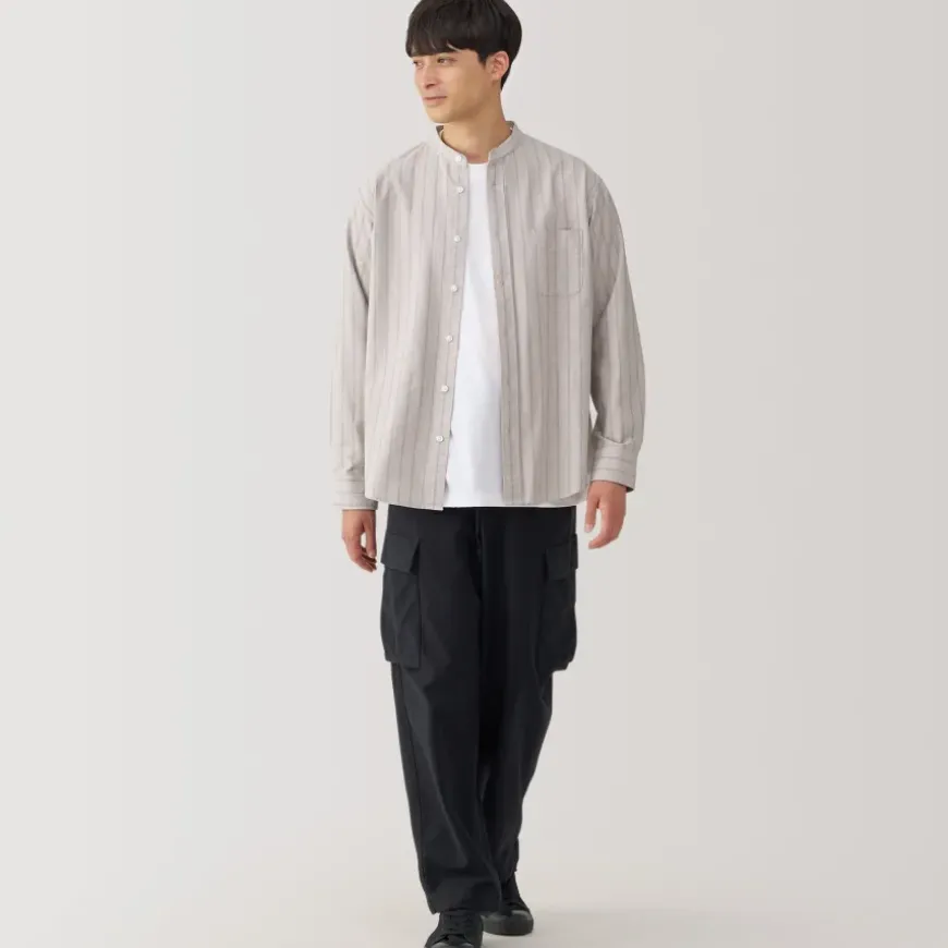 Men's Washed Oxford Stand Collar Long Sleeve Striped Shirt