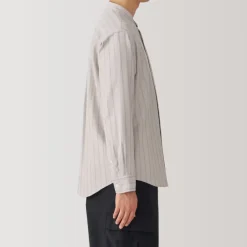 Men's Washed Oxford Stand Collar Long Sleeve Striped Shirt