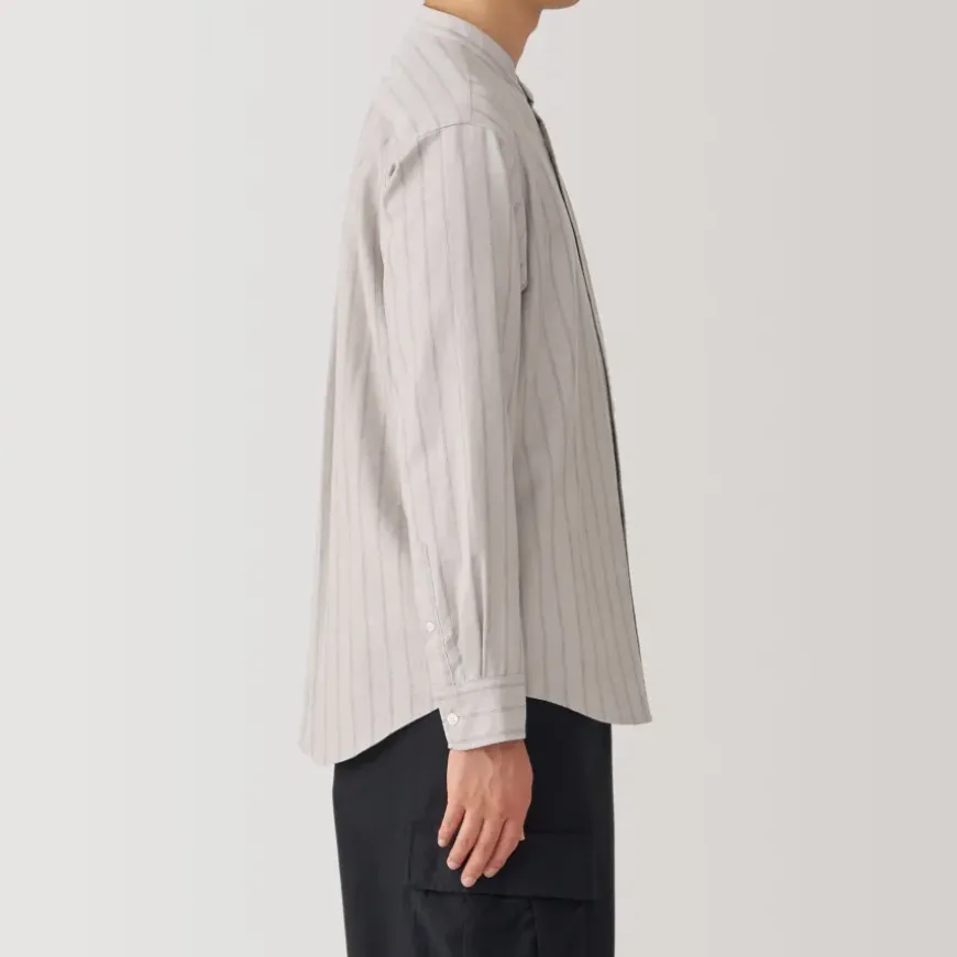 Men's Washed Oxford Stand Collar Long Sleeve Striped Shirt