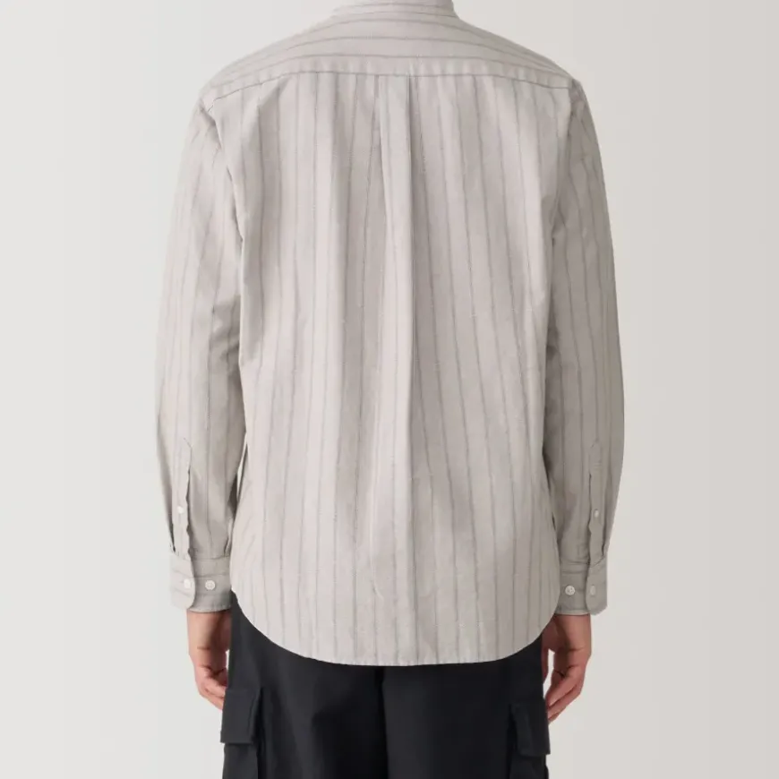 Men's Washed Oxford Stand Collar Long Sleeve Striped Shirt