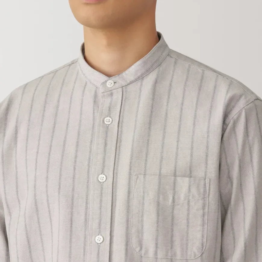 Men's Washed Oxford Stand Collar Long Sleeve Striped Shirt