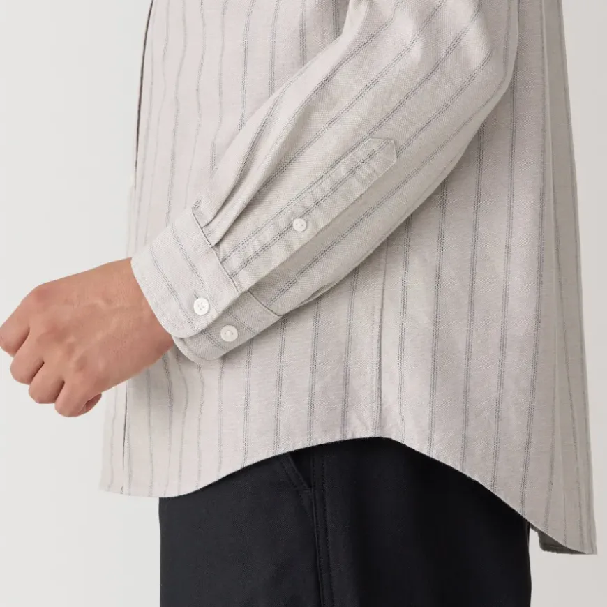 Men's Washed Oxford Stand Collar Long Sleeve Striped Shirt