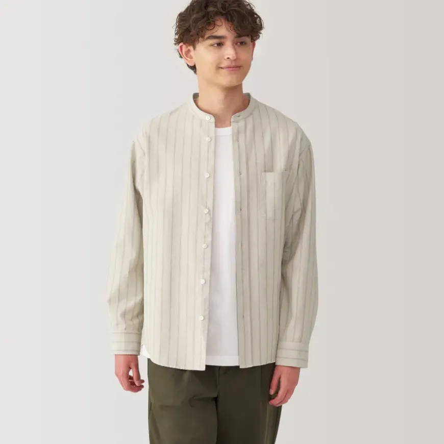 Men's Washed Oxford Stand Collar Long Sleeve Striped Shirt