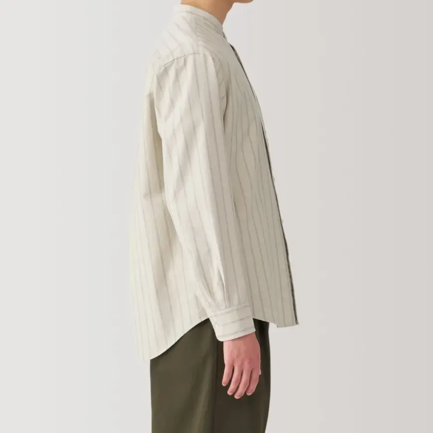 Men's Washed Oxford Stand Collar Long Sleeve Striped Shirt