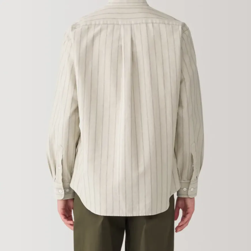 Men's Washed Oxford Stand Collar Long Sleeve Striped Shirt