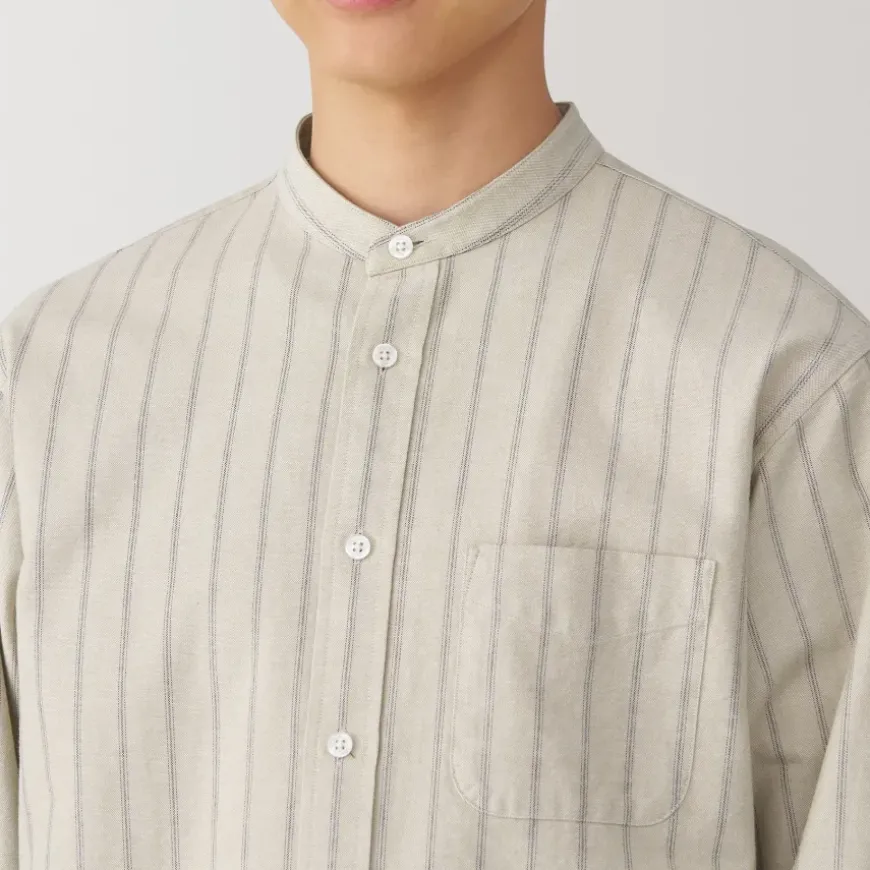 Men's Washed Oxford Stand Collar Long Sleeve Striped Shirt