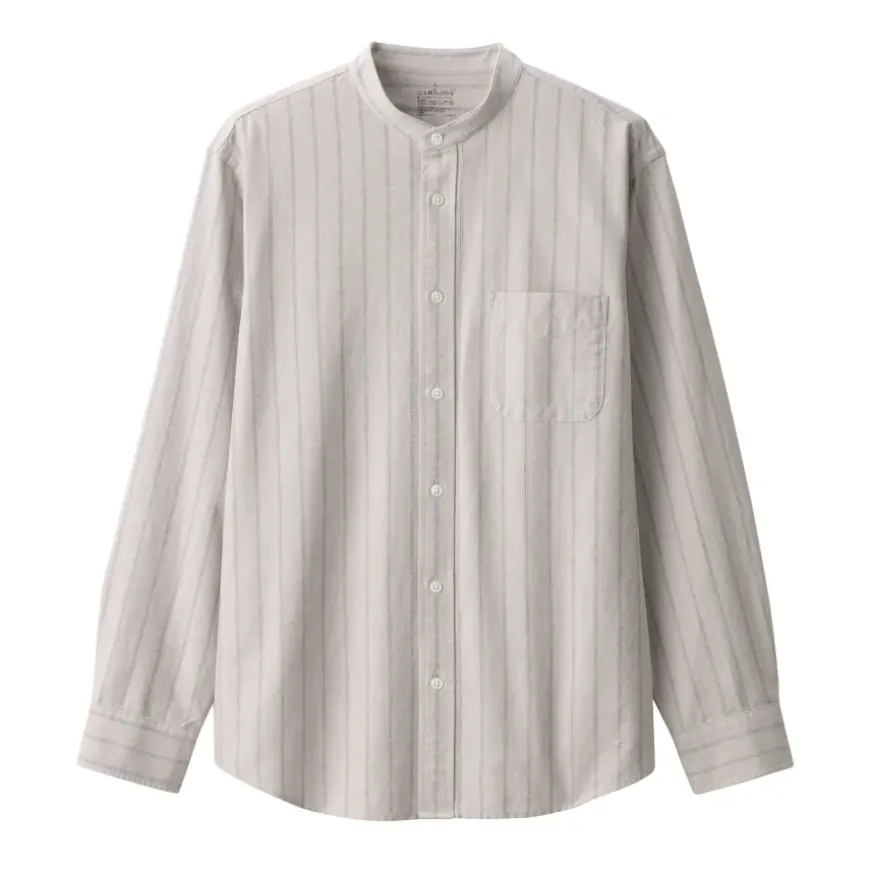 Men's Washed Oxford Stand Collar Long Sleeve Striped Shirt