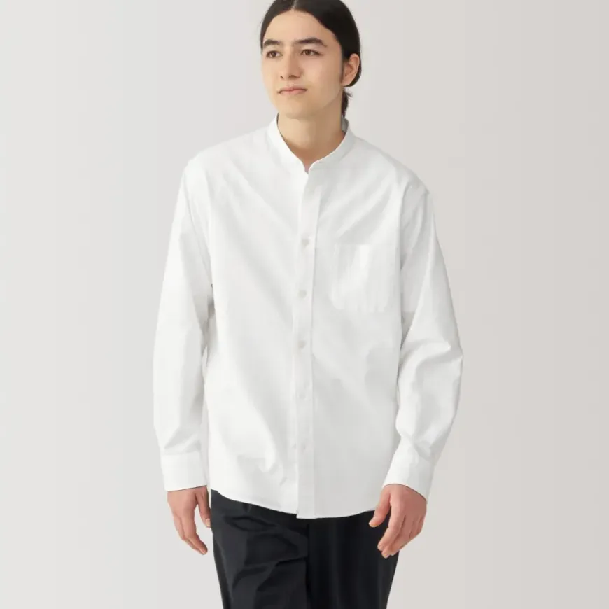 Men's Washed Oxford Stand Collar Long Sleeve Shirt