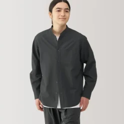 Men's Washed Oxford Stand Collar Long Sleeve Shirt